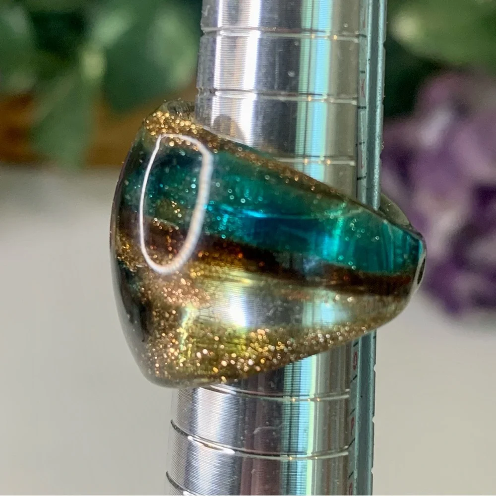 Vintage Murano Style Solid Glass Hand Blown Blue Gold Foil Artisan Ring Size 6